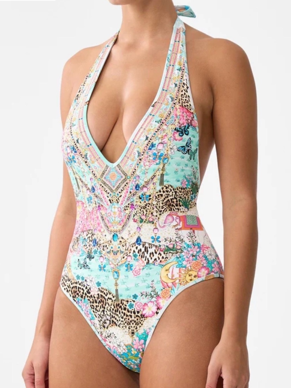 Camilla Mint Floral & Leopard Halter One-Piece Swimsuit with Pink Accents